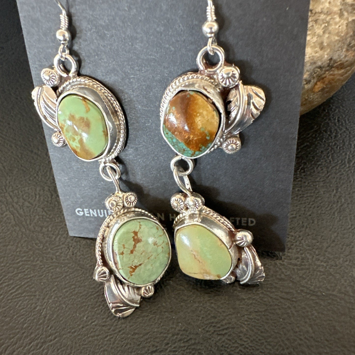 Green Royston Turquoise Navajo Sterling Silver Dangle Earrings 19600