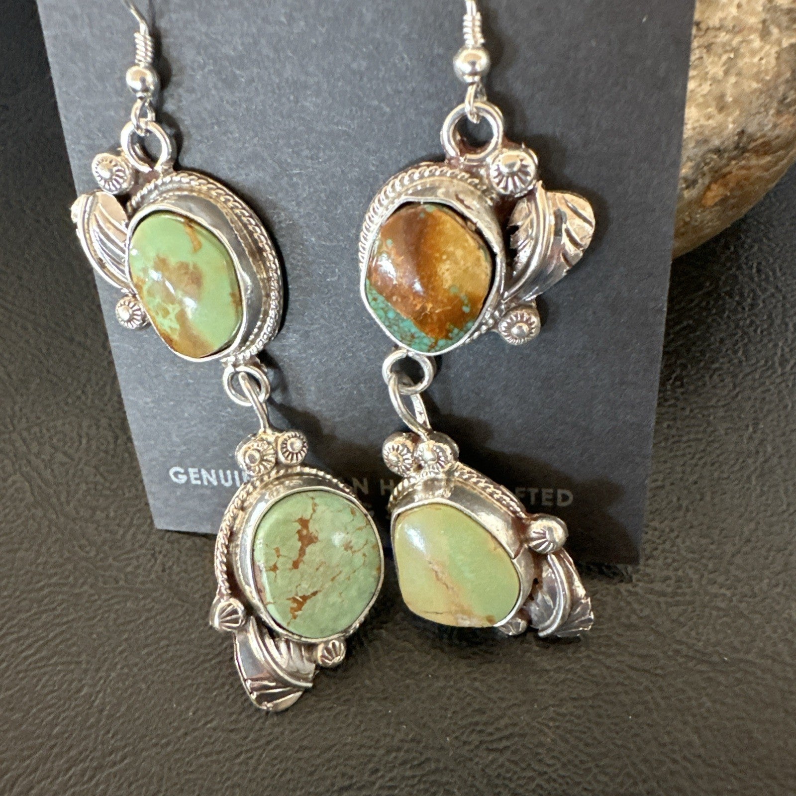 Green Royston Turquoise Navajo Sterling Silver Dangle Earrings 19600