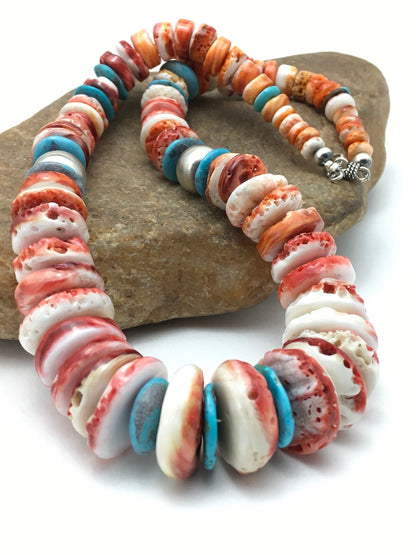Native Spiny Oyster Graduated Necklace Navajo Sterling Silver 20" 4177