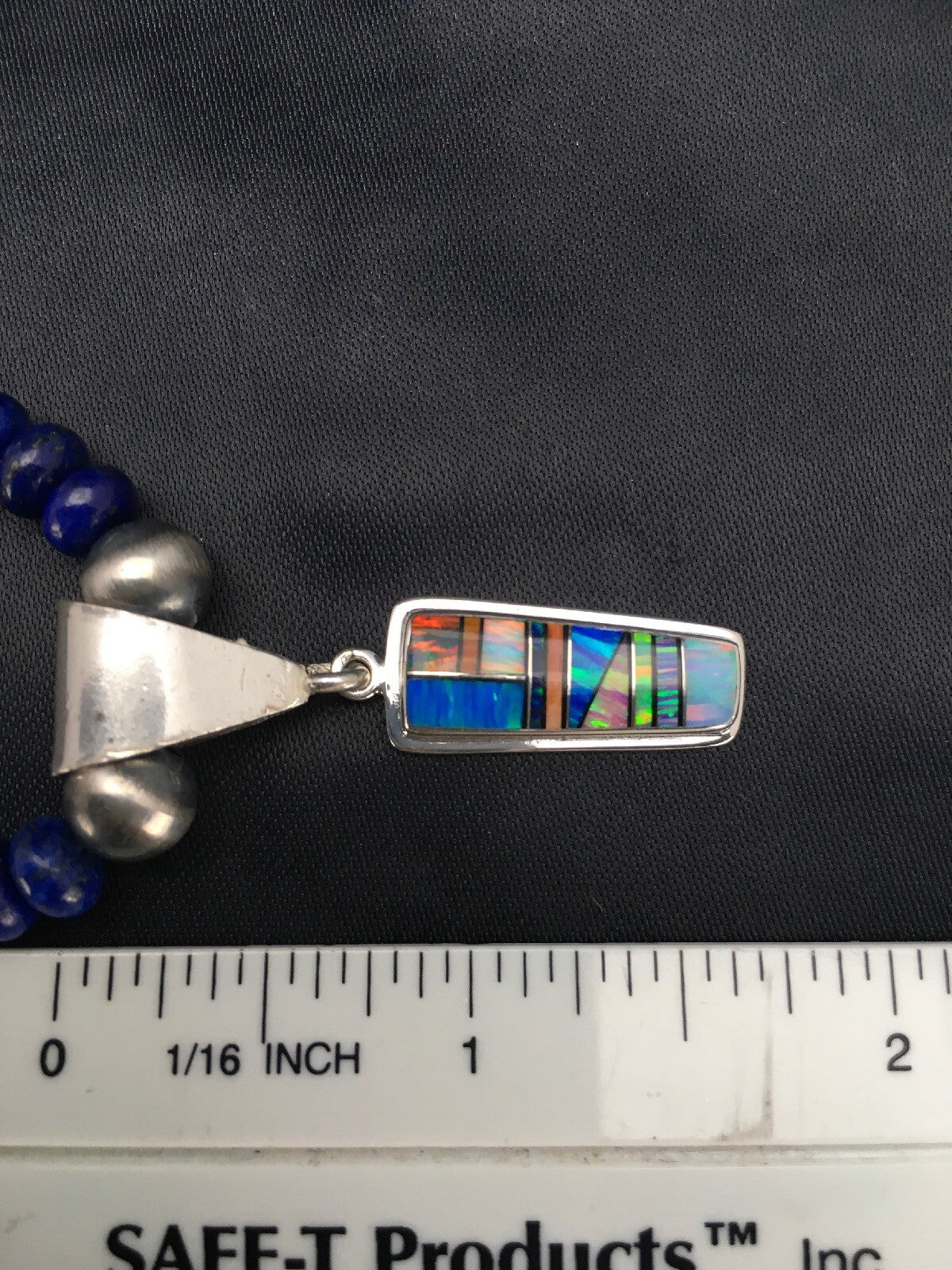 NAVAJO Sterling Silver Necklace Lapis Opal Pendant Set 22" 2907