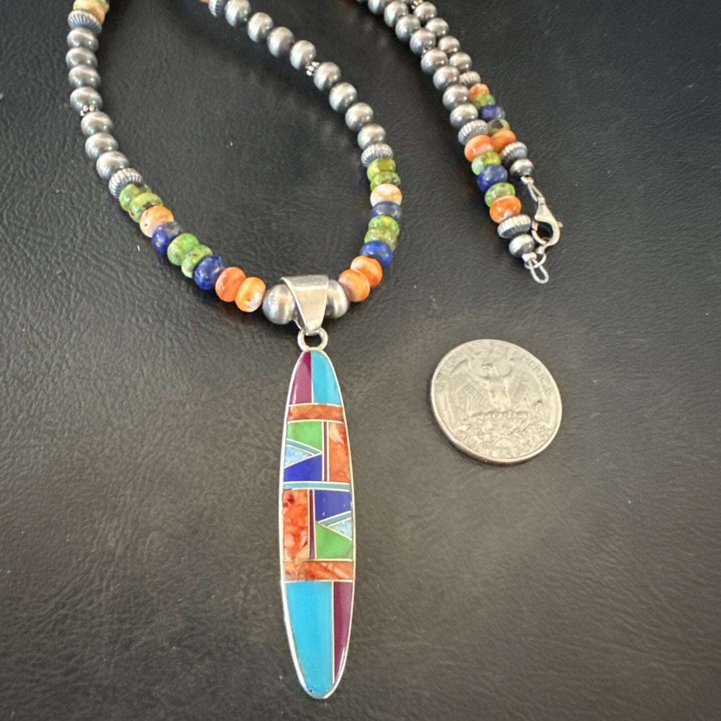 Turquoise Spiny Oyster Inlay Pendant Navajo Sterling Silver Necklace 21" 18822