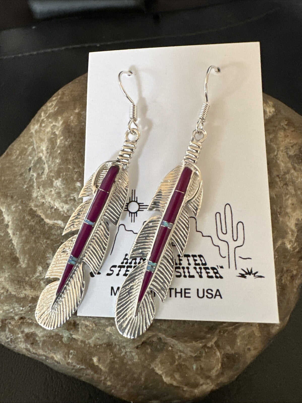 Purple Sugilite Opal Sterling Silver Handmade Inlay Feather Earrings 18694