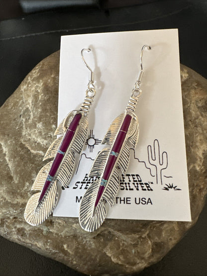 Purple Sugilite Opal Sterling Silver Handmade Inlay Feather Earrings 18694