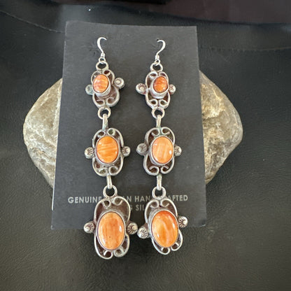 Native Navajo Sterling Silver Orange Spiny Oyster Dangle Earrings 1227