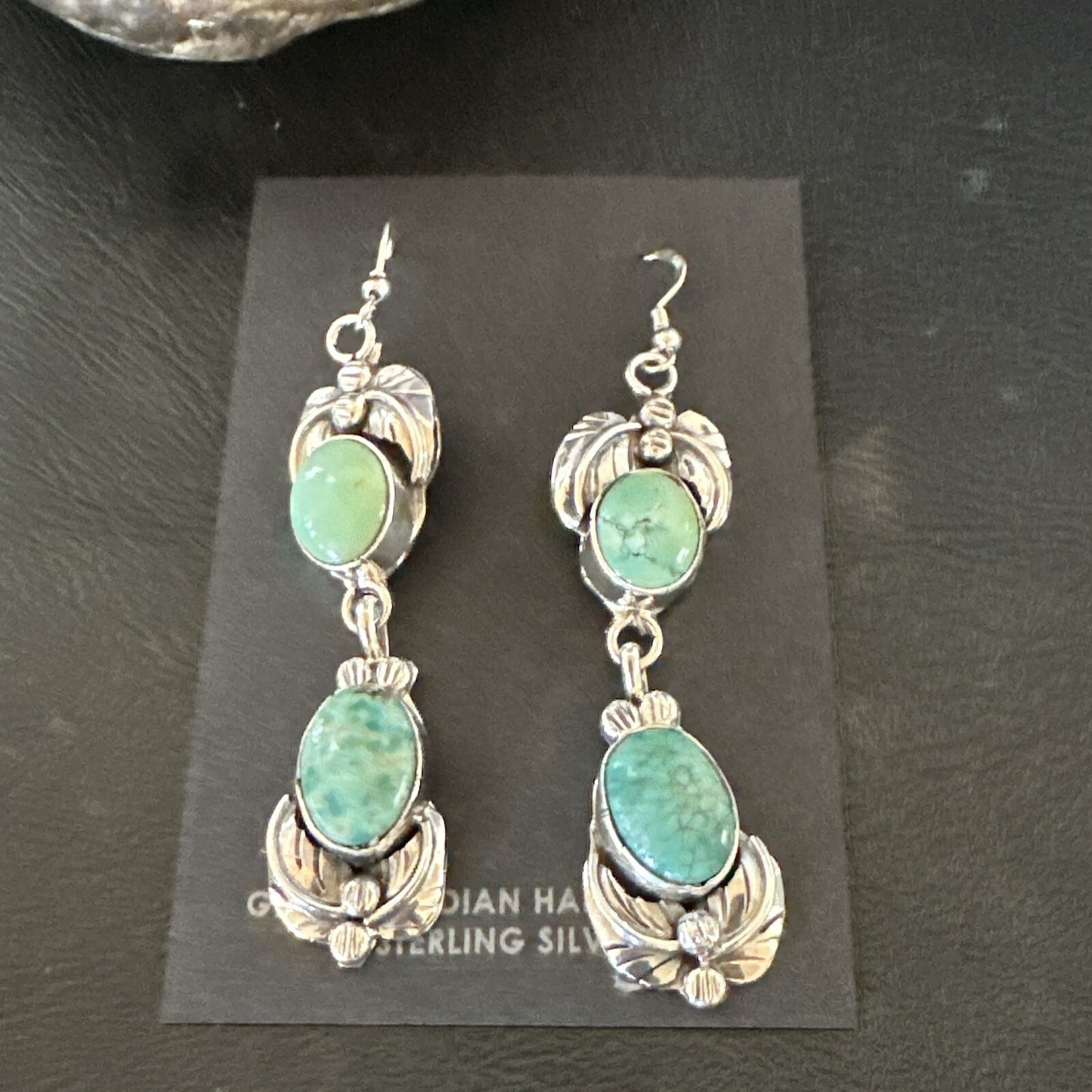 Native Navajo Green Turquoise Sterling Silver Dangle Earrings 2” 17913