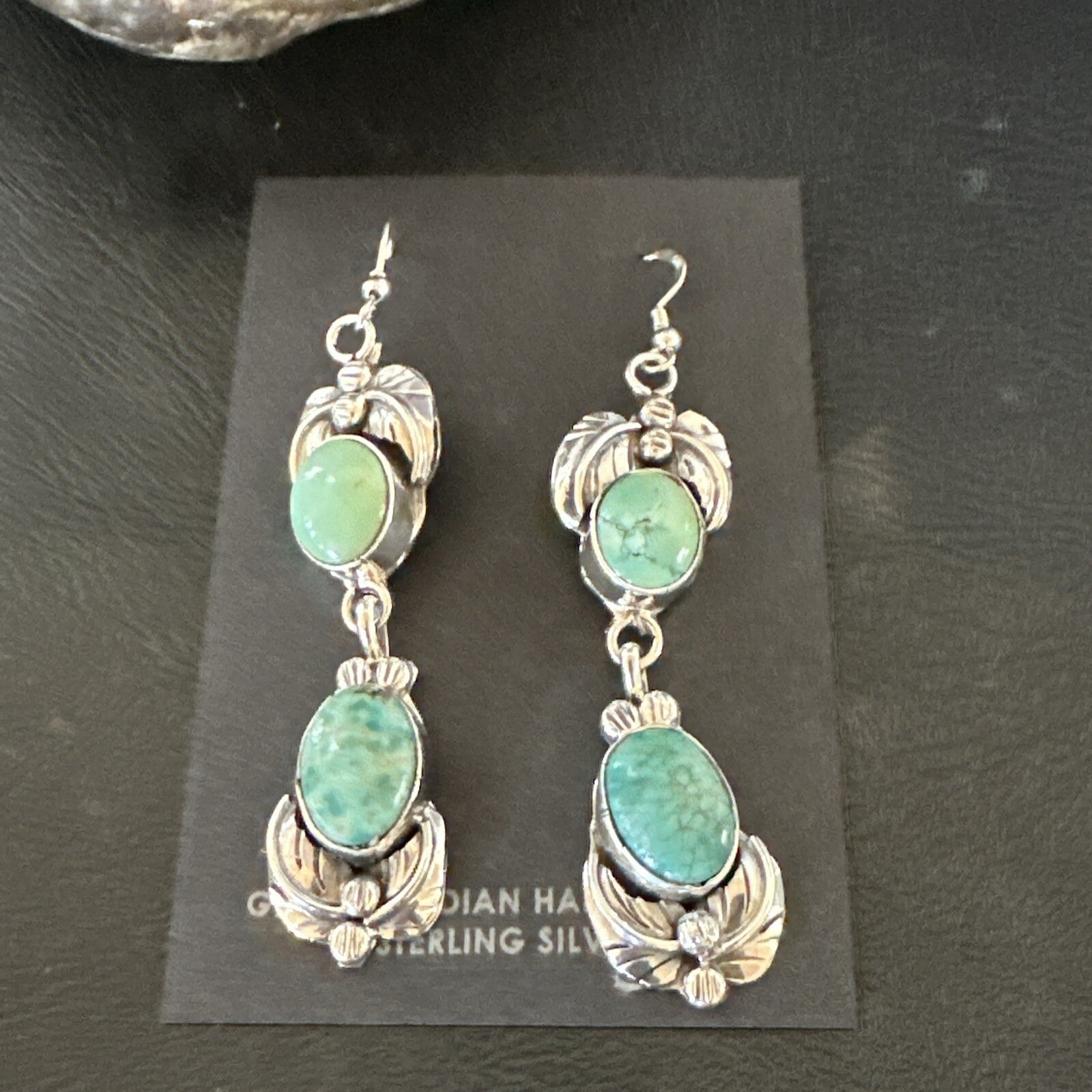 Native Navajo Green Turquoise Sterling Silver Dangle Earrings 2” 17913