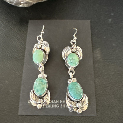 Native Navajo Green Turquoise Sterling Silver Dangle Earrings 2” 17913