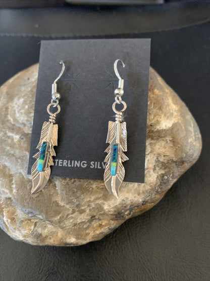 Blue Turquoise Sterling Silver Navajo Handmade Inlay Feather Earrings 13086