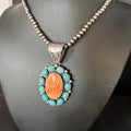 Blue Cluster Kingman Turquoise Orange Spiny Oyster Pendant | Sterling Silver | Authentic Native American Handmade | 14354