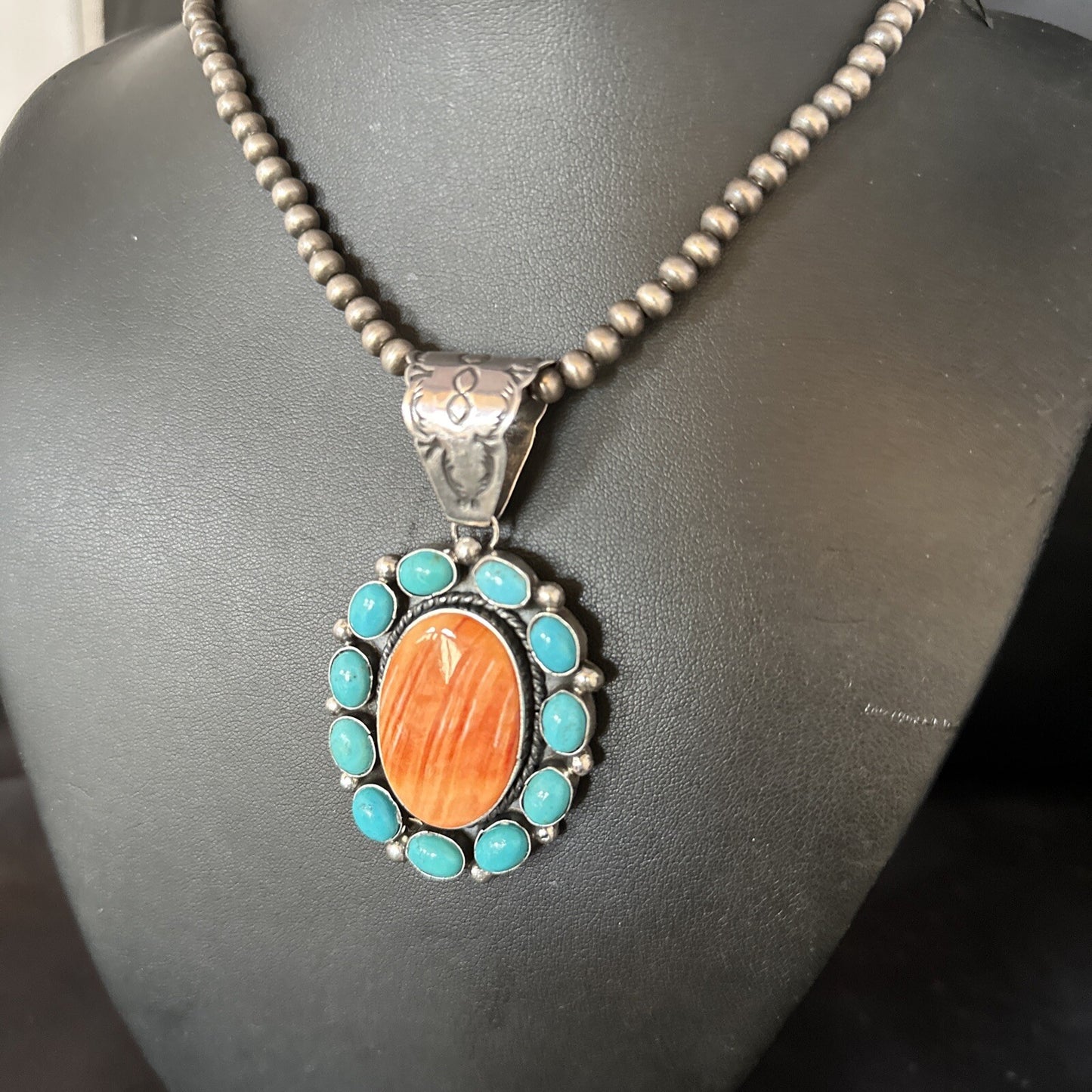 Blue Cluster Kingman Turquoise Sterling Orange Spiny Oyster Pendant 14354
