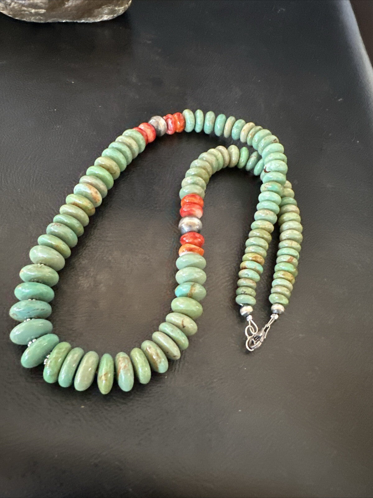 Green Turquoise Spiny Oyster Sterling Silver Beads Necklace 18302
