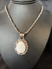 Men White Buffalo Turquoise Pendant Beads Necklace | Sterling Silver | Authentic Native American Handmade | 14229