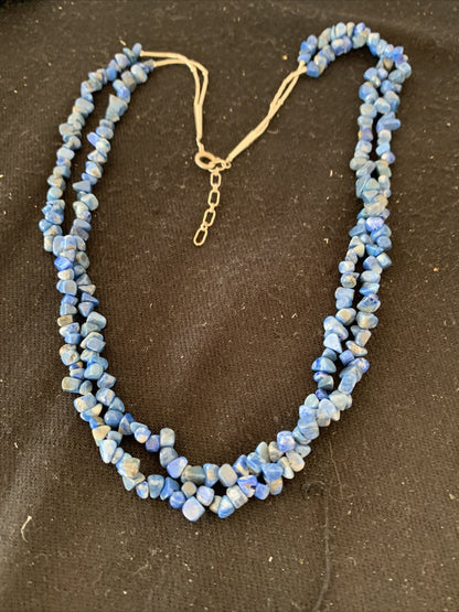 Blue Lapis Bead Liquid Heishi 2 Strands Sterling Silver Tubes Necklace 00851