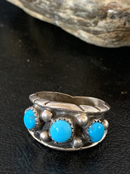 Blue Turquoise 3 stone Navajo Sterling Silver Old Pawn Ring Size 8 10788