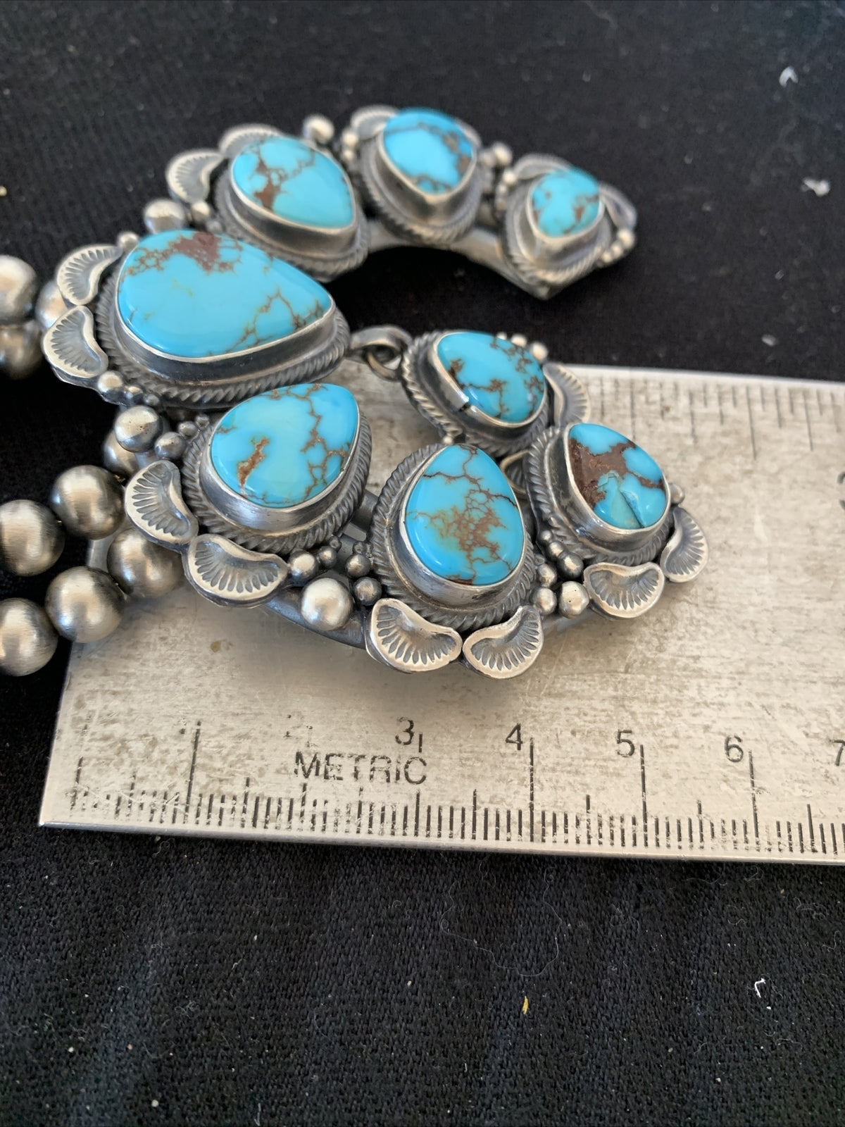 Blue Egyptian Turquoise Sterling Silver Beads Squash Blossom Necklace 17201