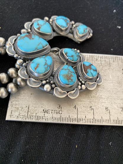 Blue Egyptian Turquoise Sterling Silver Beads Squash Blossom Necklace 17201