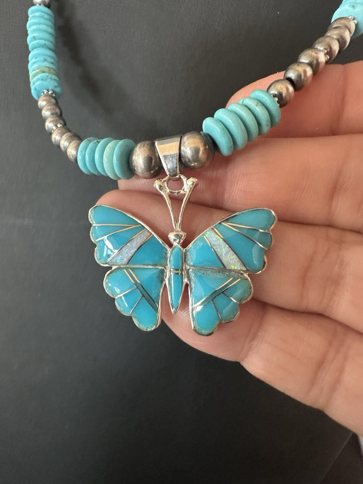 Butterfly Blue Turquoise Opal Pendant Navajo Sterling Silver Necklace 19511