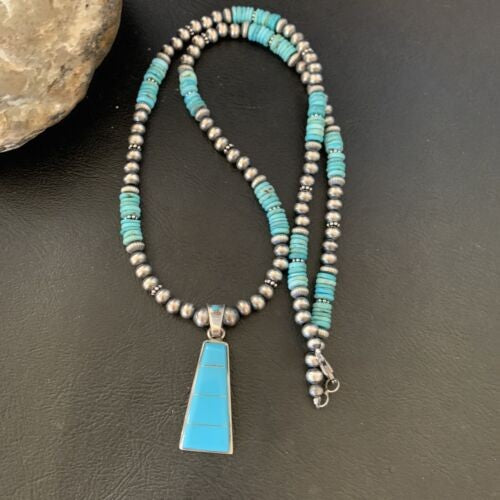 Blue Turquoise Inlay Pendant Navajo Pearls Sterling Silver Necklace 12614