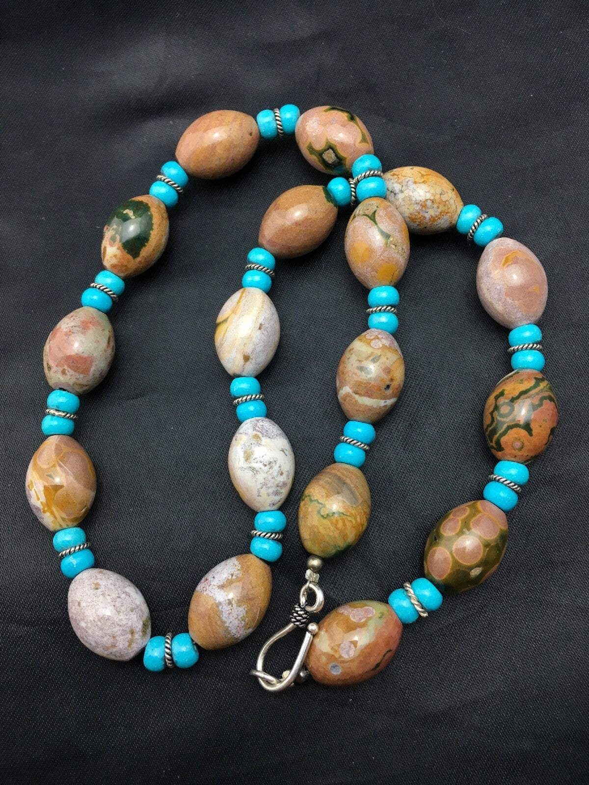 Turquoise & Agate Navajo Pearls Sterling Silver Necklace 04499