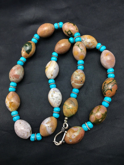Turquoise & Agate Navajo Pearls Sterling Silver Necklace 04499