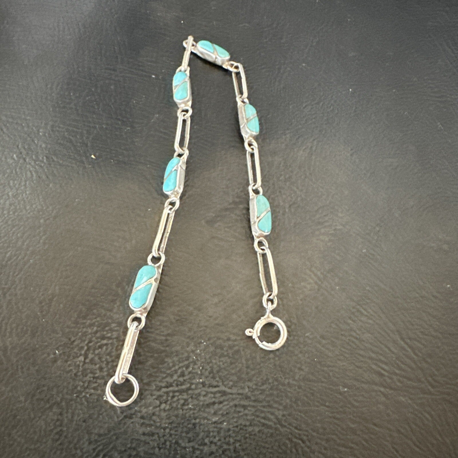 Blue Turquoise Navajo Old Pawn Sterling Silver Inlay Bracelet 7.5” 18152