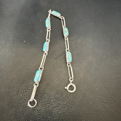 Blue Turquoise Navajo Old Pawn Sterling Silver Inlay Bracelet 7.5” 18152