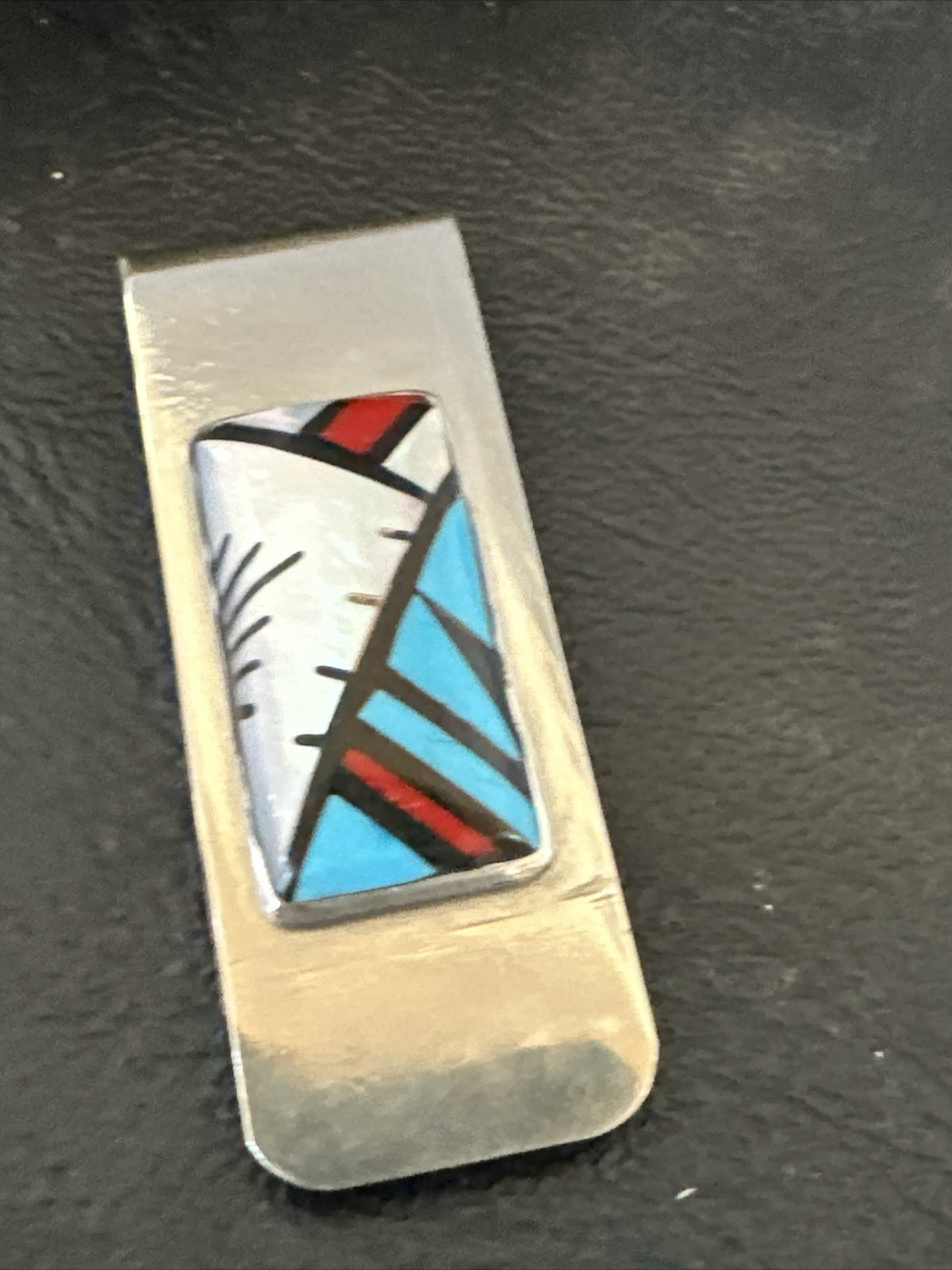 A Zuni Mens Turquoise Spiny Inlay Stainless Sterling Silver Money Clip 17833
