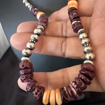 Navajo Sterling Necklace Purple Orange Spiny Oyster  20" 17702