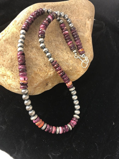 Navajo Sterling Silver Beads Purple Spiny Oyster 8 mm Bead Necklace 99507