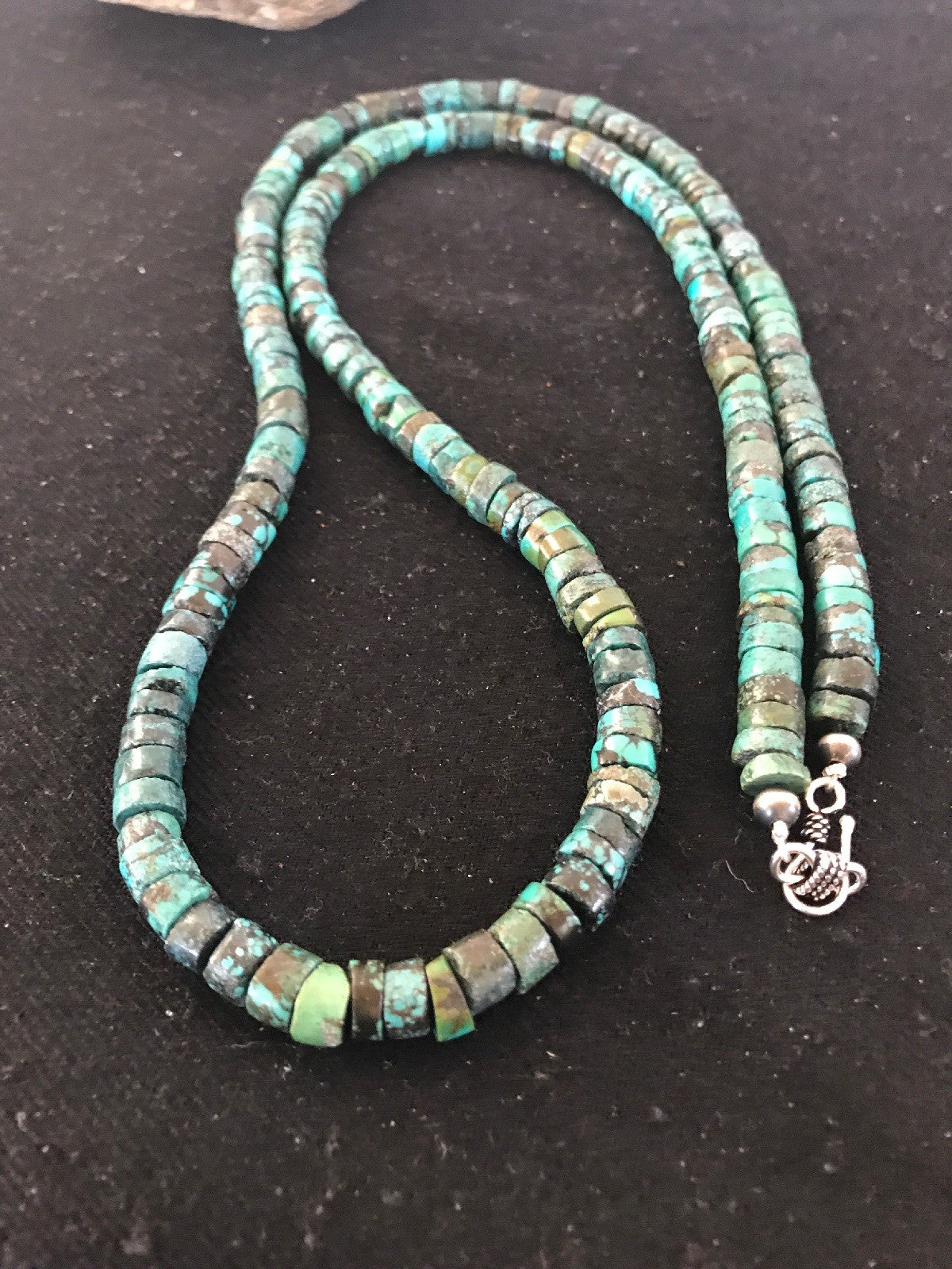 Navajo Blue Turquoise 10mm Heishi Sterling Silver Bead Necklace 26” 10068