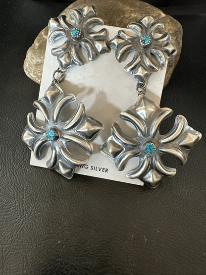 Womens Stamped Blue Turquoise Dangle Earrings Navajo Sterling Silver 19784