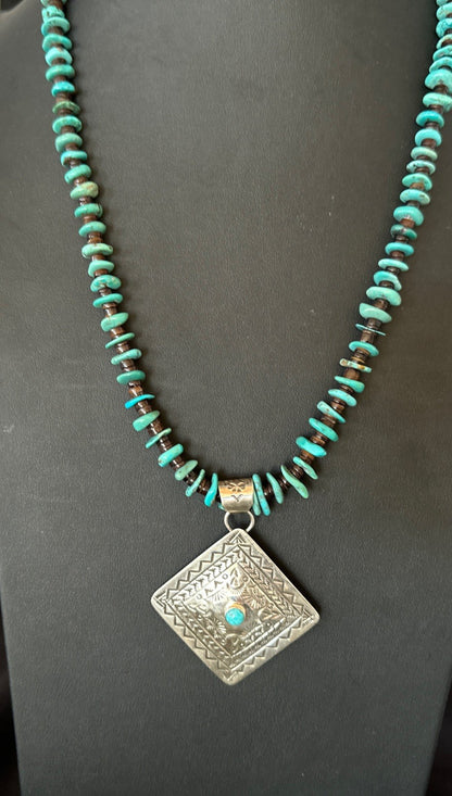 Navajo Blue Turquoise Stamped Pendant Shell Sterling Silver 25” Necklace 19706