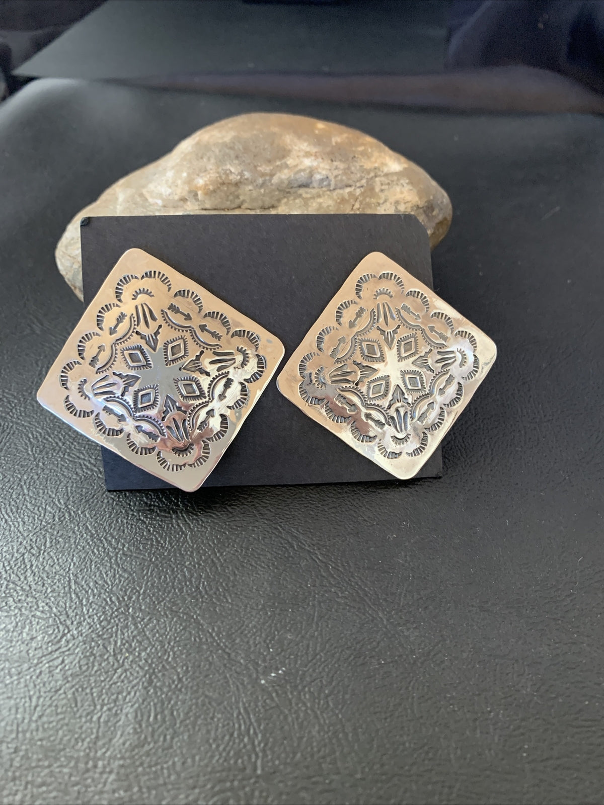Native American Womens Navajo Sterling Silver Stamped Handmade Earrings M