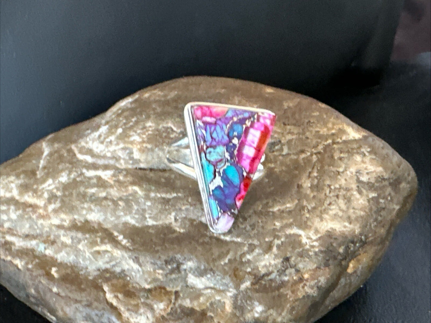 Blue Turquoise Spiny Oyster Southwestern Sterling Silver Ring Size 9 18544