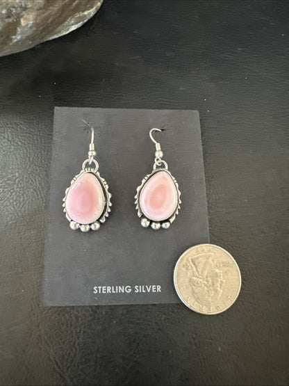 Yazzie Pink Queen Conch Navajo Sterling Silver Dangle Earrings 19324