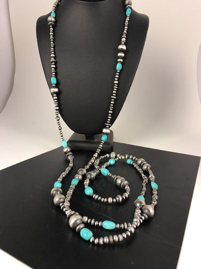 Sterling Silver Navajo Pearls Sleeping Beauty Turquoise Necklace 70" 8051