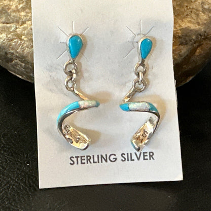 Blue Turquoise Opal Inlay Swirl Navajo Sterling Earrings 1.25" 18751