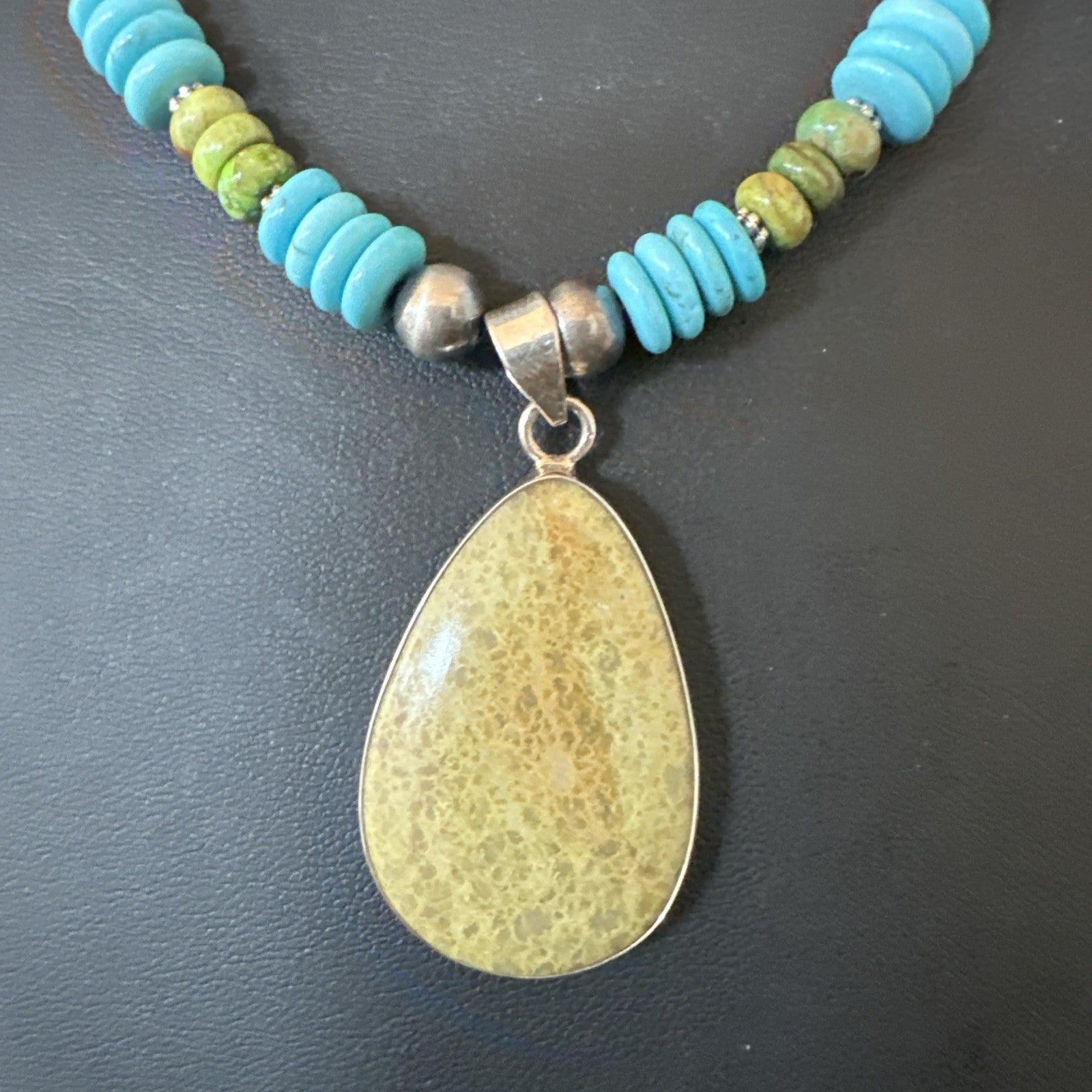 Green Gaspeite Pendant Blue Turquoise Navajo Sterling Silver Necklace 20" 19673