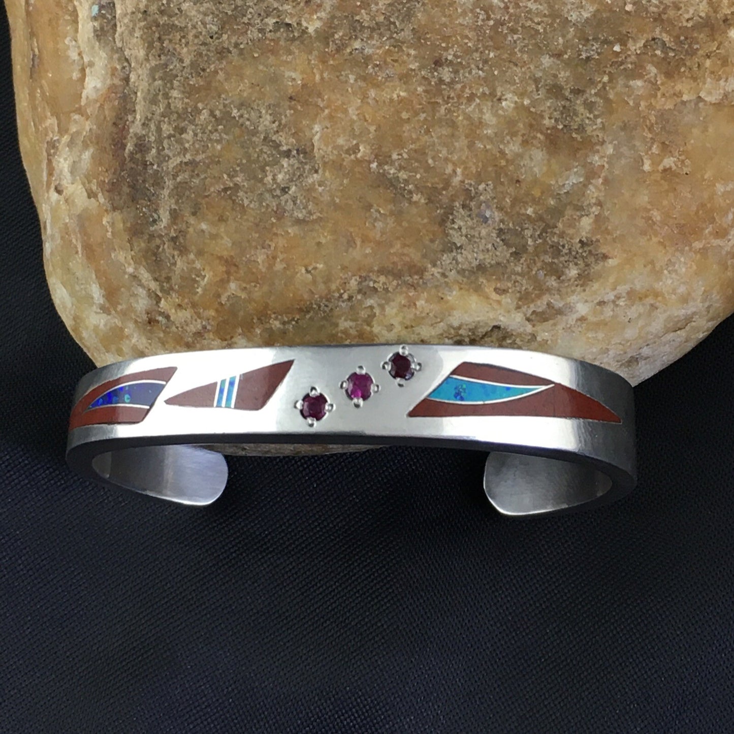 Coral, Lapis Ruby Navajo Sterling Silver Inlay Bracelet 1982