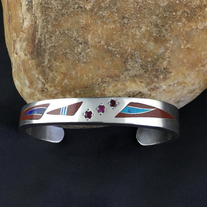 Coral, Lapis Ruby Navajo Sterling Silver Inlay Bracelet 1982