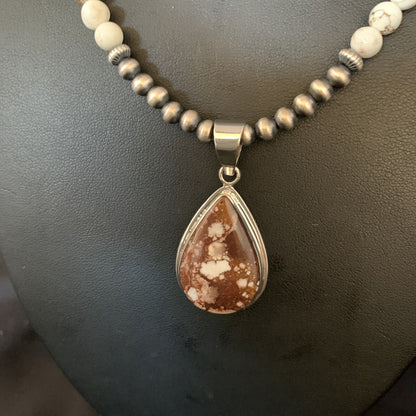 Wild Horse Turquoise Pendant Navajo Pearls Sterling Silver Necklace 20" 13864