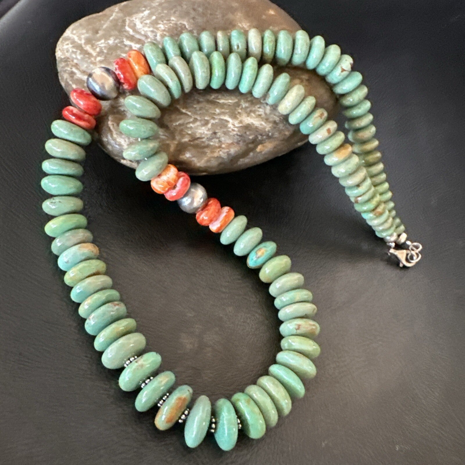 Green Turquoise Spiny Oyster Sterling Silver Beads Necklace 18302