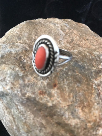 Red Coral Navajo Sterling Silver Old Pawn Ring Size 6 03485