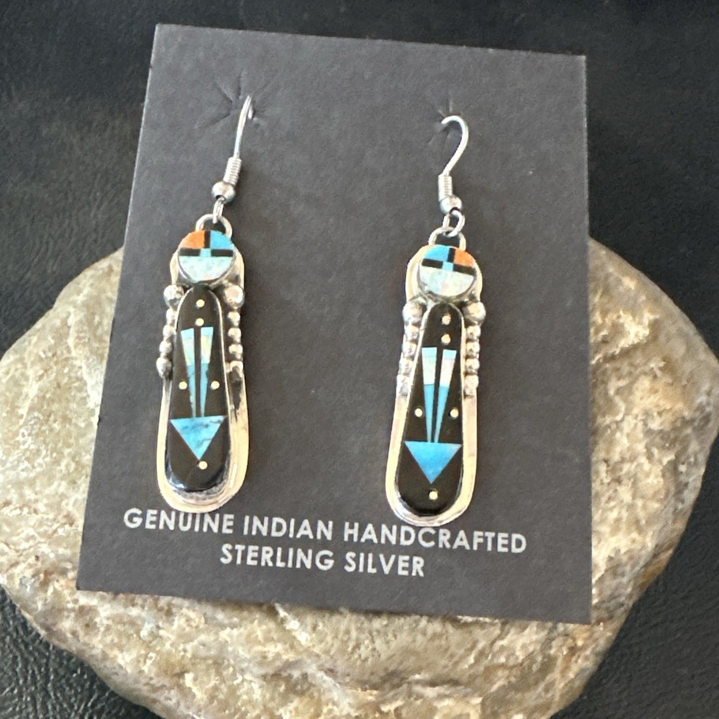 Navajo Onyx Opal Turquoise Inlay Earrings Sterling Silver Handmade 19773