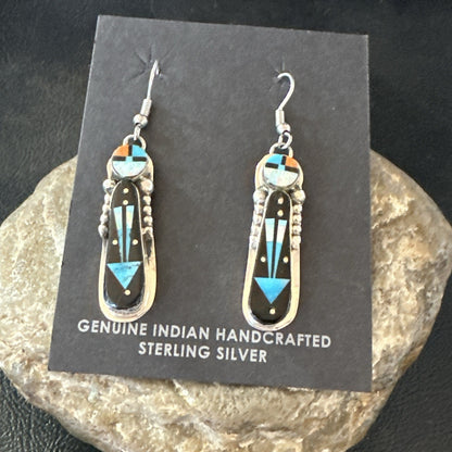 Navajo Onyx Opal Turquoise Inlay Earrings Sterling Silver Handmade 19773