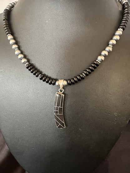 Mens Womens Black Onyx Pendant Navajo Sterling Silver Beads Necklace 18332