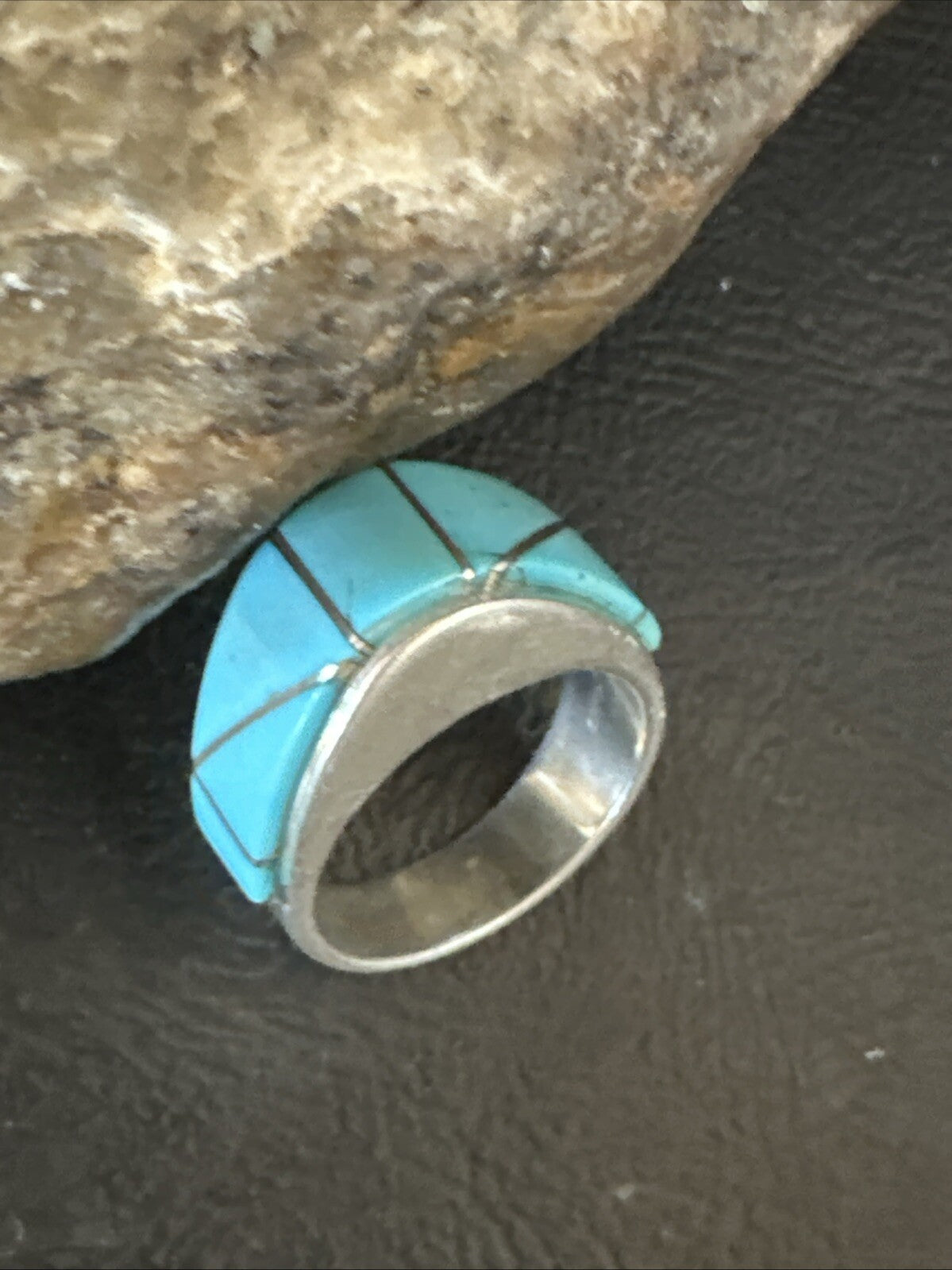 Blue Turquoise Native Navajo Sterling Silver Inlay Band Ring Size 7 18814
