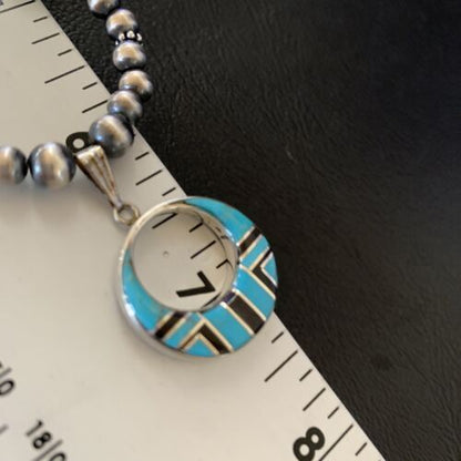 Blue Turquoise Inlay Pendant Navajo Pearls Sterling Silver Necklace 12615