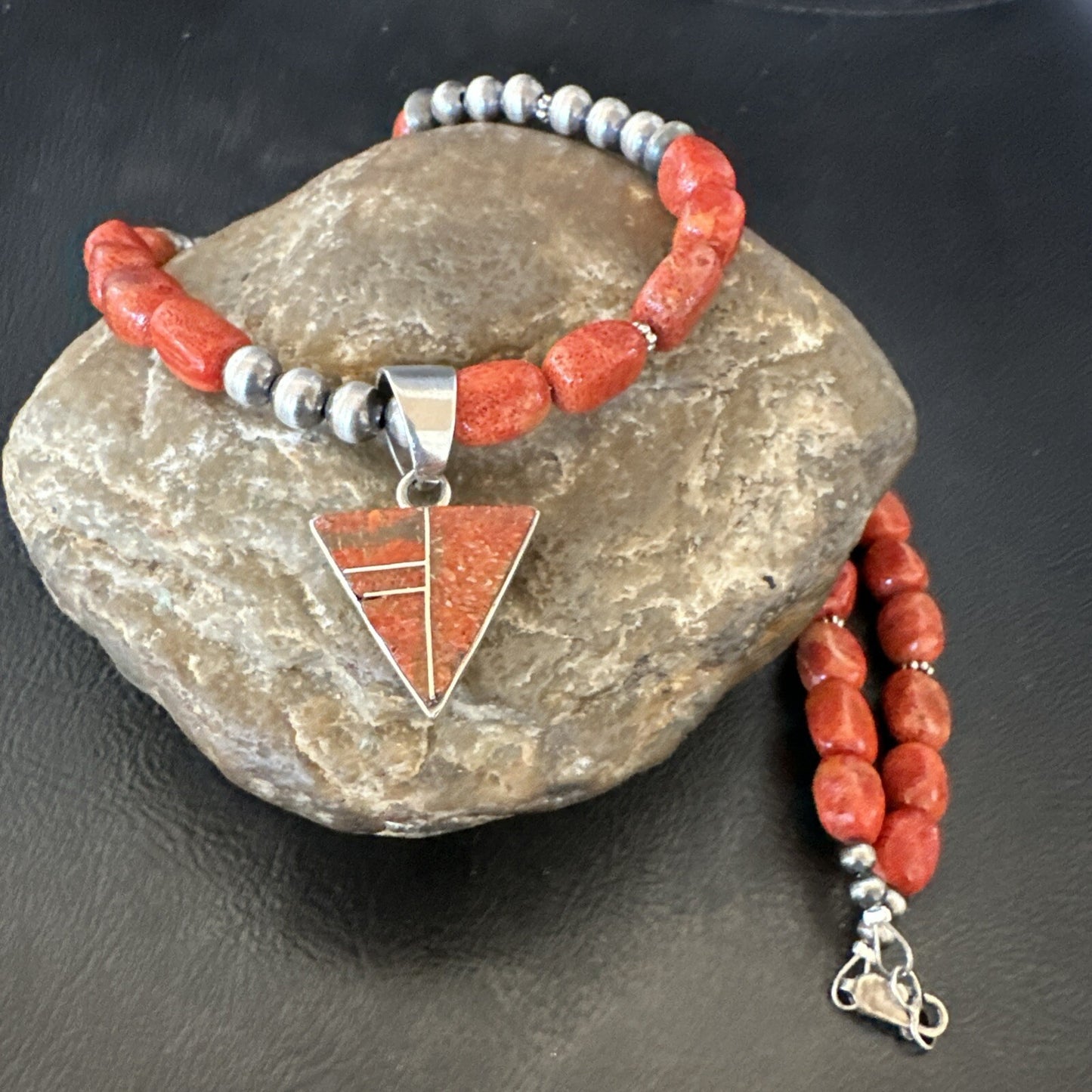 Navajo Apple Sponge Coral Sterling Silver Necklace Inlay Pendant 21” 18684