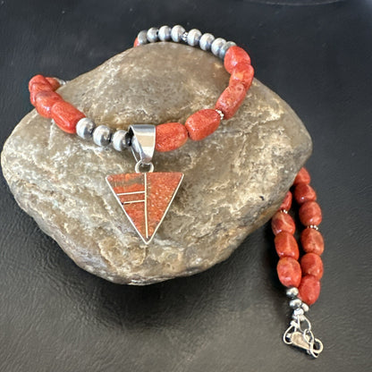 Navajo Apple Sponge Coral Sterling Silver Necklace Inlay Pendant 21” 18684